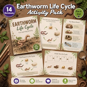 May include: An Earthworm Life Cycle Activity Pack featuring 14 worksheets with educational illustrations of earthworms, life cycle diagrams, and fun facts. The set includes printed pages with text, a magnifying glass, and colored pencils for learning.
