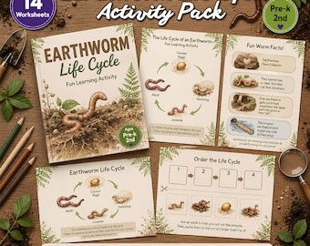 May include: An Earthworm Life Cycle Activity Pack featuring 14 worksheets with educational illustrations of earthworms, life cycle diagrams, and fun facts. The set includes printed pages with text, a magnifying glass, and colored pencils for learning.