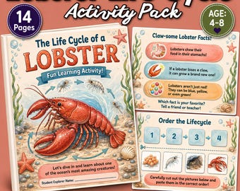 May include: A 14-page Lobster Life Cycle Activity Pack for ages 4-8. The cover features a red lobster illustration, a life cycle diagram, and the text 'The Life Cycle of a LOBSTER'. Includes fact sheets and a cut-and-paste ordering activity.