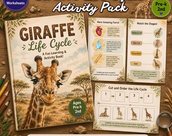 May include: A Giraffe Life Cycle Activity Pack with 14 worksheets for Pre-k to 2nd grade. The set includes a book cover featuring a giraffe, a facts sheet with illustrations of a heart and water drop, a matching stage worksheet, and a cut-and-order page.