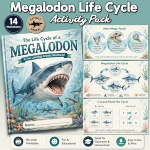 Peut inclure: Un pack d'activités sur le cycle de vie du Mégalodon comprenant 14 fiches. La couverture montre un grand requin à la gueule ouverte, du corail et une ligne pour le nom. D'autres pages présentent des faits, un cycle de vie et un découpage.