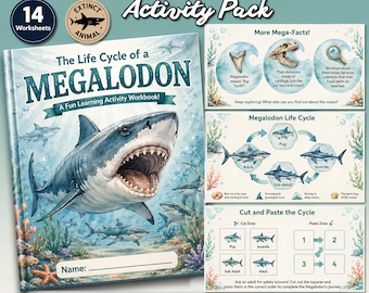 May include: A Megalodon Life Cycle activity pack featuring 14 worksheets. The cover shows a large shark with an open mouth, coral, and a name line. Additional pages display shark facts, a life cycle diagram, and a cut and paste activity.