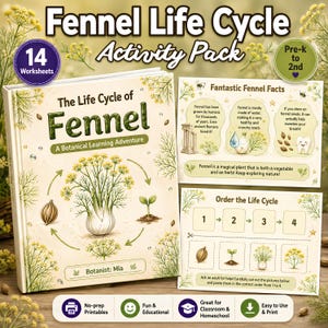 May include: A Fennel Life Cycle Activity Pack featuring a book titled The Life Cycle of Fennel: A Botanical Learning Adventure, with 14 worksheets, Fantastic Fennel Facts, and an Order the Life Cycle page for pre-k to 2nd grade students.