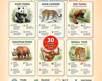 May include: A set of 30 printable educational flashcards featuring illustrations of endangered animals including a giant panda, amur leopard, red panda, sumatran rhino, orangutan, and bengal tiger, with text detailing habitat, diet, and fun facts.