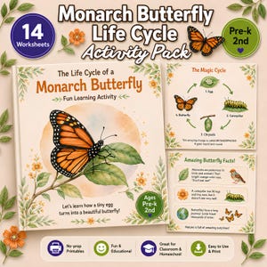 May include: A Monarch Butterfly Life Cycle Activity Pack featuring 14 worksheets for Pre-k to 2nd grade. The cover shows a monarch butterfly on a leaf with the text The Life Cycle of a Monarch Butterfly. Includes diagrams of the magic cycle and butterfly facts.