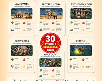 May include: A set of 30 printable educational flashcards titled Nocturnal Animals Flashcards. Each card features an illustration of an animal like an aardvark, hyena, sloth, loris, raccoon, or firefly, with text detailing habitat, diet, and fun facts.