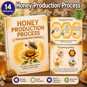 Könnte beinhalten: Ein Honey Production Process Arbeitsheft mit einer Biene auf einer Sonnenblume, 14 Arbeitsblättern, Fakten über Bienen und dem Weg des Honigs. Das Cover enthält den Text Honey Production Process, A Fun Learning Activity & Workbook und Let's learn how bees make our delicious, sweet honey!