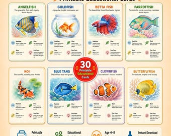 May include: A set of 30 printable educational flashcards titled Fish Species Flashcards, featuring illustrations of angelfish, goldfish, betta fish, parrotfish, koi, blue tang, clownfish, and butterflyfish with habitat, diet, size, and fun facts.
