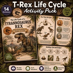 Puede incluir: Un paquete de actividades sobre el ciclo de vida del T-Rex con 14 hojas de trabajo, un libro de currículo con una ilustración de Tyrannosaurus Rex, un diagrama del ciclo de vida, tarjetas de datos y una actividad de recortar y ordenar.