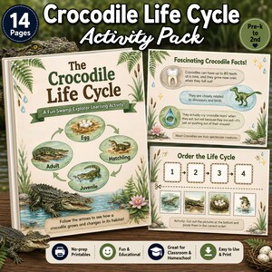 May include: A 14-page Crocodile Life Cycle Activity Pack featuring educational worksheets. The cover displays a life cycle diagram with an egg, hatchling, juvenile, and adult crocodile. Includes fact sheets and cut-and-paste ordering activities.
