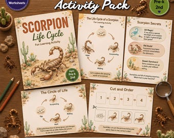 May include: A Scorpion Life Cycle Activity Pack featuring 14 worksheets with educational illustrations of scorpions, eggs, and desert landscapes. The set includes pages titled The Life Cycle of a Scorpion, Scorpion Secrets, The Circle of Life, and Cut and Order.