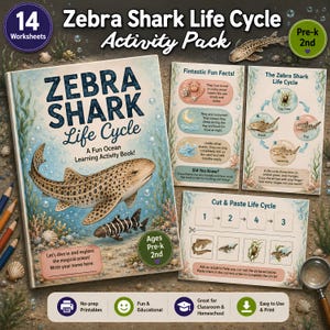 May include: A Zebra Shark Life Cycle activity pack featuring a book cover with a spotted shark, a smaller striped shark, and ocean illustrations. Includes a fact sheet, a life cycle diagram, and a cut-and-paste worksheet for children in Pre-k to 2nd grade.