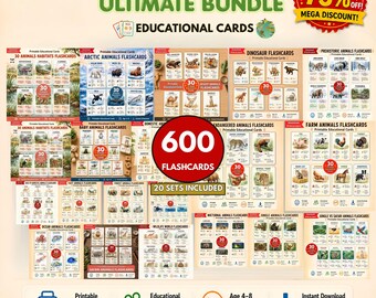 May include: A digital bundle of 600 educational flashcards titled Animal Kingdom Ultimate Bundle. The collection includes 20 sets featuring various animal categories like arctic, farm, ocean, and prehistoric animals with text labels and illustrations.