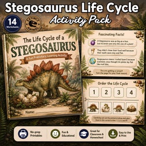 May include: A Stegosaurus Life Cycle activity pack featuring 14 worksheets. The cover displays a green Stegosaurus near a nest of eggs. Includes a Fascinating Facts section with dinosaur trivia and an Order the Life Cycle page with cut-out activities.