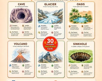 May include: A set of 30 printable educational flashcards titled Earth Landforms Flashcards. The cards feature illustrations of a cave, glacier, oasis, volcano, mountain, and sinkhole, each with sections for formation, location, key features, and fun facts.
