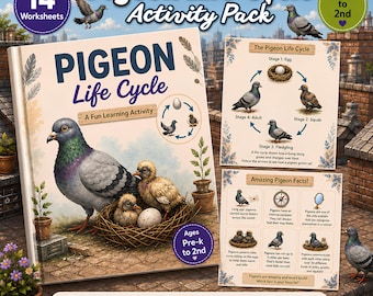 May include: A Pigeon Life Cycle Activity Pack featuring 14 worksheets for Pre-k to 2nd grade. The cover displays a pigeon and chicks in a nest with text. Includes a life cycle diagram and a page of amazing pigeon facts with illustrations and text.