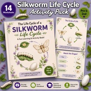 May include: A Silkworm Life Cycle Activity Pack featuring a book and worksheets. The cover displays the title, illustrations of eggs, a caterpillar, a cocoon, and a moth in a circular pattern, with text including 14 Worksheets and Ages Pre-k 2nd.