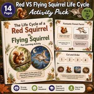 以下が含まれることがあります： 「The Life Cycle of a Red Squirrel vs. Flying Squirrel」と題された14ページの教育用アクティビティパック。表紙には2種類のリスのイラスト、森の要素、テキストが描かれています。事実シートと切り取り・並べ替えアクティビティページが含まれています。