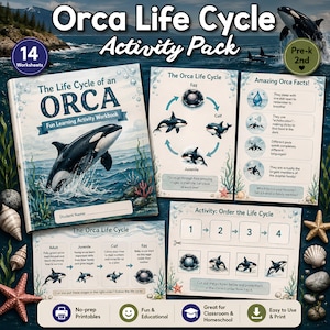 May include: An Orca Life Cycle activity pack featuring a workbook with a cover illustration of an orca jumping from the ocean, alongside educational worksheets detailing the life stages of an orca, fun facts, and cut-and-paste sequencing activities.