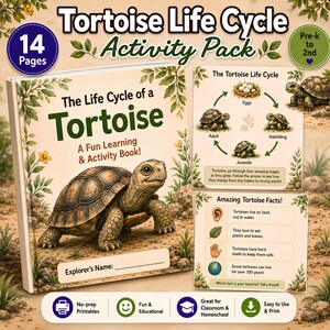 May include: A 14-page Tortoise Life Cycle Activity Pack for pre-k to 2nd grade. The book cover features a tortoise illustration with the text The Life Cycle of a Tortoise A Fun Learning & Activity Book. Includes life cycle and fact sheets.