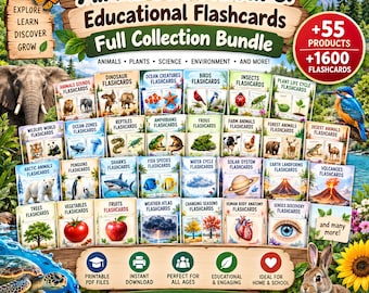 May include: A collection of educational flashcards titled All About Nature, featuring 55 sets and 1600 cards. The bundle includes topics like animals, plants, science, and environment, displayed with colorful illustrations of wildlife, anatomy, and weather.