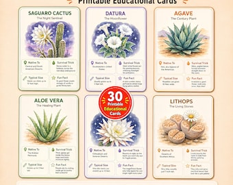 May include: A set of 30 printable educational flashcards titled Desert Plants Flashcards. Each card features a watercolor illustration of a desert plant, including Saguaro Cactus, Datura, Agave, Aloe Vera, and Lithops, with text detailing facts.