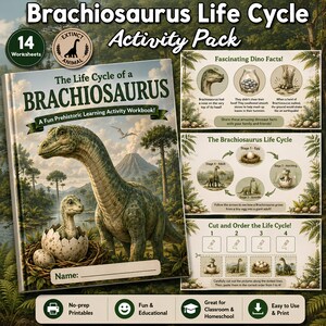 Puede incluir: Un paquete de actividades sobre el ciclo de vida del Brachiosaurus con 14 hojas de trabajo. La portada muestra un dinosaurio verde y una cría en un nido con el texto The Life Cycle of a BRACHIOSAURUS. Incluye datos, diagramas del ciclo de vida y actividades de recorte.
