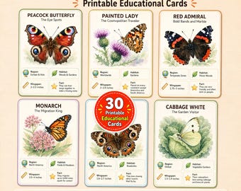 May include: A set of printable educational flashcards titled BUTTERFLIES FLASHCARDS featuring illustrations of Peacock, Painted Lady, Red Admiral, Monarch, and Cabbage White butterflies. Each card includes region, habitat, wingspan in inches, and facts.