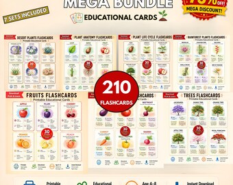 May include: A Plant Science Mega Bundle of 210 educational flashcards across 7 sets, including desert plants, anatomy, life cycles, rainforest plants, fruits, vegetables, and trees. Each card features illustrations and text for learning.
