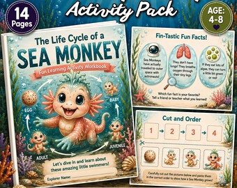 May include: A 14-page Sea Monkey Life Cycle Activity Pack workbook featuring a colorful illustration of a sea monkey character, educational fun facts about their biology, and a cut and order worksheet for children ages 4-8 to learn about life cycles.