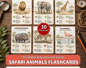 May include: A set of 30 educational flashcards featuring illustrations of a lion, elephant, giraffe, hippopotamus, leopard, and flamingo. Each card includes animal names, descriptive text, and icons for habitat, diet, social life, and fun facts.