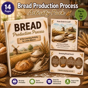 May include: A 14-page Bread Production Process activity pack for Pre-k to 2nd grade. The set includes a book cover with a windmill and wheat field illustration, a From Grain to Loaf activity sheet, and an Amazing Bread Facts card with four numbered points.