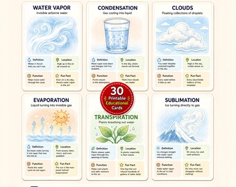 May include: A set of educational flashcards titled Water Cycle Flashcards, featuring 30 printable cards. Each card displays a scientific concept like Water Vapor, Condensation, Clouds, Evaporation, Transpiration, and Sublimation with illustrations, definitions, locations, functions, and fun facts. The design uses soft watercolor-style graphics and clear text to explain the water cycle process for educational purposes.
