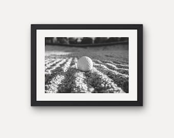 Black and White Golf Ball in Bunker Photography Print, Minimalist Golf Wall Art (Digital Download)