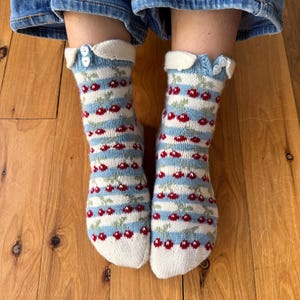 Maraschino socks knitting pattern | Cherry motif stranded colourwork | Unique collared button up socks