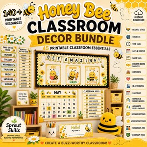 May include: A Honey Bee classroom decor bundle featuring 140+ printable resources, including a calendar, classroom jobs chart, and bulletin board set with the text Bee Amazing, Bee Kind, Work Hard, and Stay Positive, all in yellow and black.