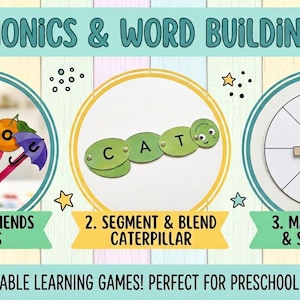 May include: A set of educational phonics tools featuring three activities: Vowel Friends sticks with letter-labeled icons, a Segment & Blend caterpillar with the letters C, A, T, and a Magic E Spin & Say wheel with a rotating arrow pointer.