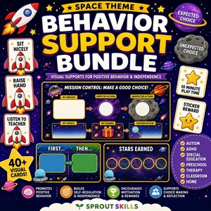 Könnte beinhalten: Ein Verhaltensunterstützungs-Set im Weltraum-Design mit visuellen Karten und Diagrammen, die Raketen, Planeten und Sterne zeigen. Der Text enthält 'Space Theme Behavior Support Bundle', 'Mission Control' und 'Stars Earned'.