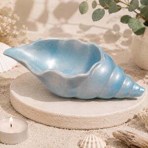 Puede incluir: Un cuenco decorativo con forma de caracola con un acabado azul claro iridiscente y suave. La concha presenta una cavidad amplia y abierta con un borde curvo y festoneado, además de una cola cónica en espiral con una superficie brillante.