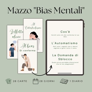 May include: A set of cards titled Mazzo Bias Mentali featuring illustrations of people and text in Italian. The cards include Il Catastrofismo, L'effetto alone, and Il bias di conferma. A tablet displays text about cognitive biases, with icons for 28 cards, 28 days, and 1 diary.