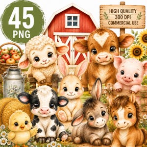 May include: A digital collection of 45 PNG farm animal illustrations featuring a lamb, calf, piglet, bunny, chick, donkey, and foal. The set includes a red barn, a basket of apples, a metal milk can, sunflowers, and a wooden sign with text.