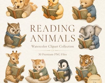 Op de afbeelding: Een digitale collectie van aquarelillustraties met een golden retriever, eendje, beer, uil, olifant, giraf, kitten, pinguïn en tijger, die elk een boek lezen. De tekst luidt READING ANIMALS Watercolor Clipart Collection 30 Premium PNG Files Commercial Use Included.