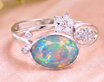 Floral Opal Ring Sterling Silver, Oval Opal Gemstone Jewelry, Flower Inspired Silver Ring, Colorful October Birthstone Gift, Feminine Ring