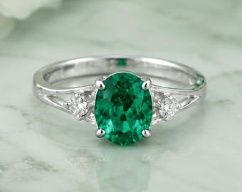 Magnificent Oval Emerald Ring, 925 Sterling Silver Engagement Ring, May Birthstone Jewelry, Minimalist Promise Ring Anniversary Gift for Her