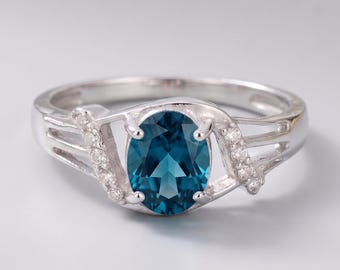 Art Deco Blue Topaz Ring, Natural London Blue Gemstone 925 Silver Ring, Geometric Statement Jewelry, Classic Gift for Her Sister Wife Mother