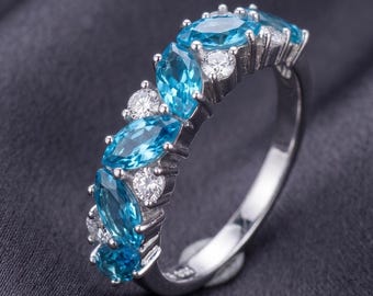 Sculpted Aquamarine Ring in 925 Silver, Ocean Blue Statement Jewelry, Curved Multi Gemstone Ring, Fine Blue Stone Jewelry for Women