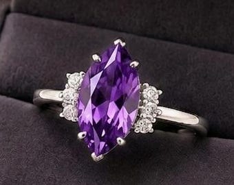 Marquise Amethyst Ring 925 Sterling Silver Lavender Gemstone Ring February Birthstone Elegant Statement Jewelry Anniversary Gift for Her