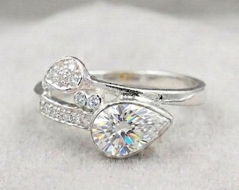Elegante anillo envolvente de moissanita en forma de pera, anillo abierto de plata de ley 925, elegante anillo de promesa, regalo de joyería nupcial moderna para mujer.