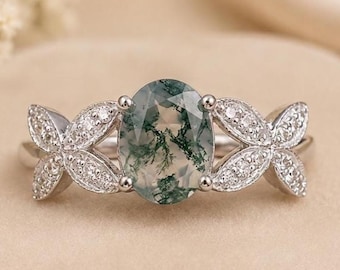 Butterfly Moss Agate Engagement Ring, Solid 925 Sterling Silver Ring, Nature Inspired Promise Ring Handmade Bridal Gift for Her Vintage Ring