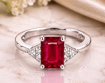 Strahlender Rubinring, Schmuck aus Sterlingsilber, Ring mit rotem Edelstein, Statement-Ring im Smaragdschliff, elegantes Geschenk zum Jahrestag oder Geburtstag